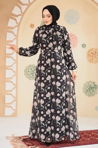 Neva Style Floral Patterned Black Hijab Dress 279909 S