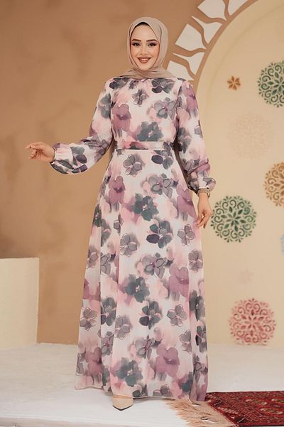 Neva Style Floral Patterned Dusty Rose Hijab Dress 279905 Gk