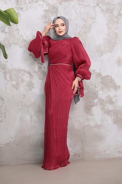 Neva Style Drape Detailed Burgundy Hijab Evening Dress 50193Br