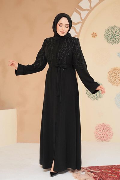 Neva Style Navy Blue Hijab Abaya with Bead Detail 29129S