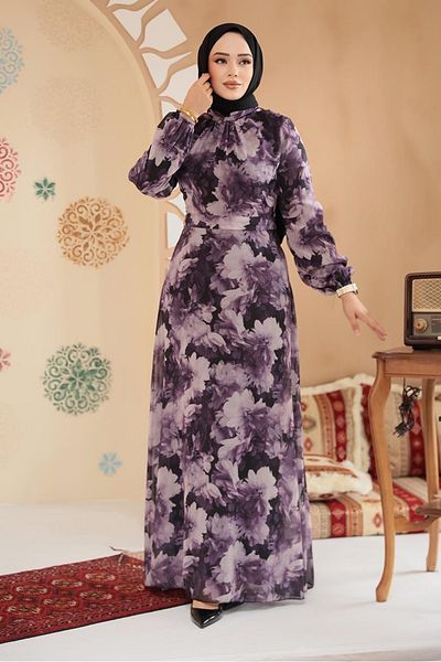 Neva Style Floral Patterned Dark Lilac Hijab Dress 279910 Klila