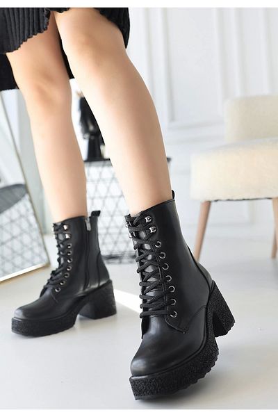 KAZAX Emilla Black Skin Lace up Boots