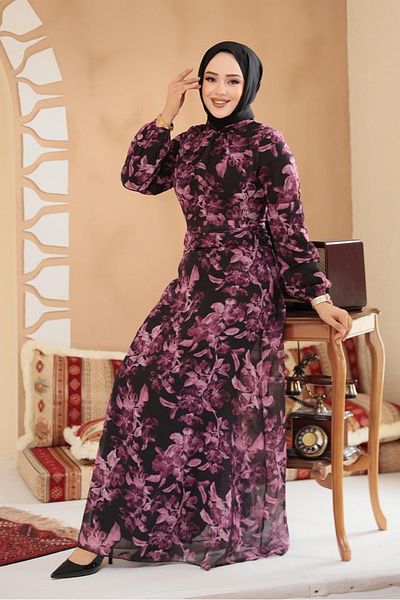 Neva Style Floral Patterned Black Hijab Dress 27999S
