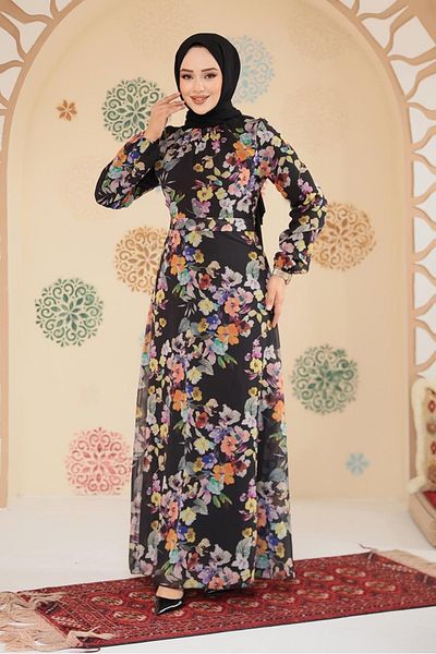 Neva Style Floral Patterned Black Hijab Dress 279902 S