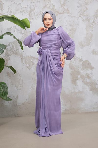 Neva Style Drape Detailed Lilac Hijab Evening Dress 51203Lıla