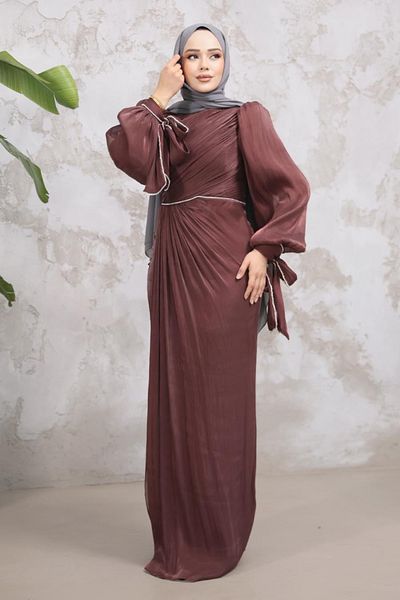 Neva Style Hijab Evening Dress - Brown Hijab Evening Dress with Drape Detail 50193Kh