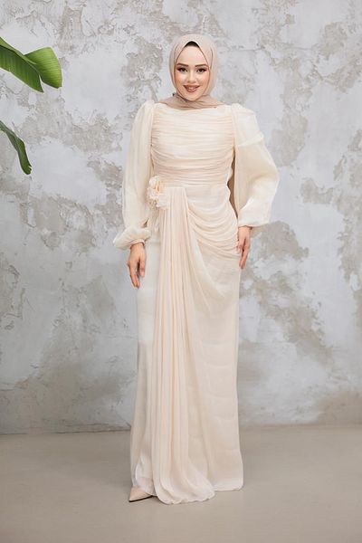 Neva Style Hijab Evening Dress - Beige Hijab Evening Dress with Drape Detail 51203Bej