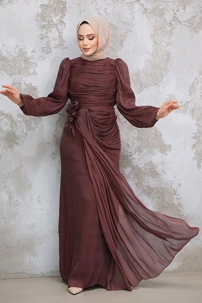 Neva Style Drape Detailed Brown Hijab Evening Dress 51203Kh