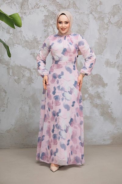 Neva Style Floral Patterned Powder Hijab Dress 279916 Pd
