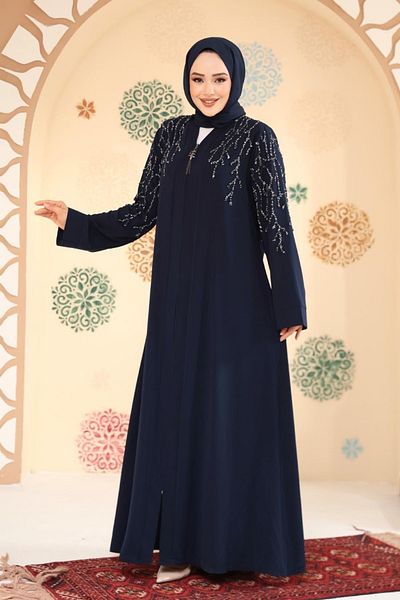 Neva Style عباية حجاب مطرزة باللون الأزرق الداكن 29110AL