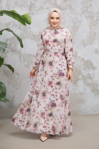 Neva Style Floral Patterned Dusty Rose Hijab Dress 279914 Gk