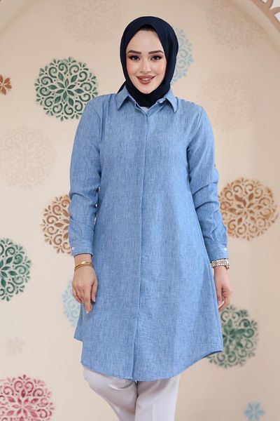 Neva Style Buttoned Blue Hijab Tunic 11734m
