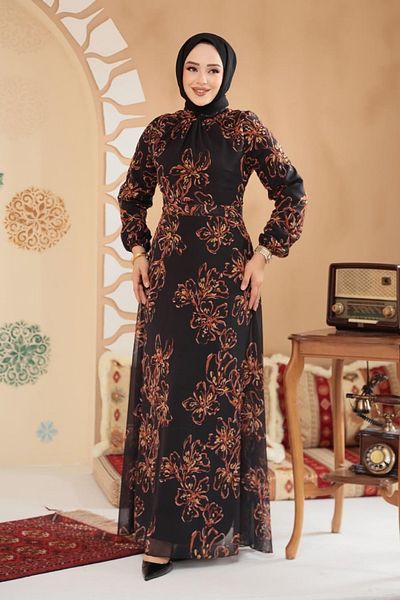 Neva Style Floral Patterned Black Hijab Dress 279911 S
