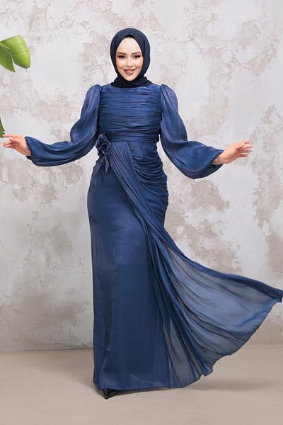 Neva Style Drape Detailed Navy Blue Hijab Evening Dress 51203L