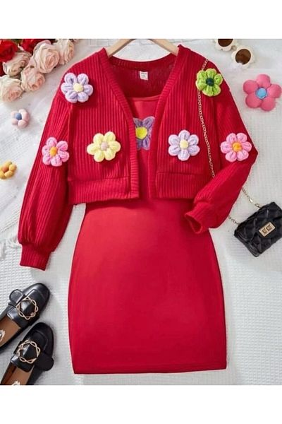 Yavrumsa Daisy Embroidered Dress and Cardigan Suit Outfit