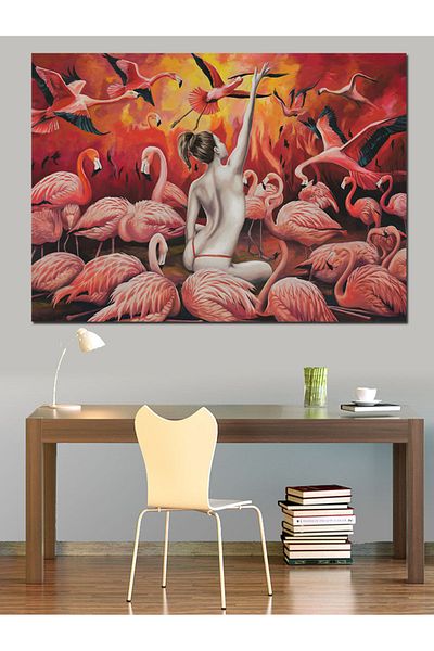 Tablomega Flamingo Group By the Lake και Γυναικείο Διακοσμητικό Καμβάς - Ξύλινο Πίνακα MDF
