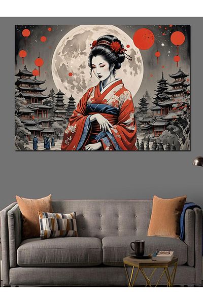 Tablomega Διακοσμητικός καμβάς Geisha And Full Moon - Ξύλινος πίνακας MDF