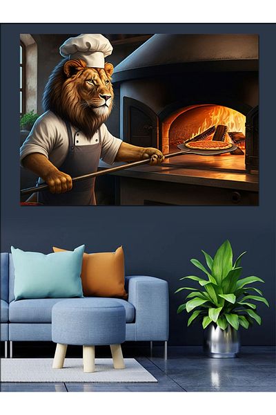 Tablomega Lion Making Lahmacun in the Oven Canvas Decorativ - MDF Lemn Table