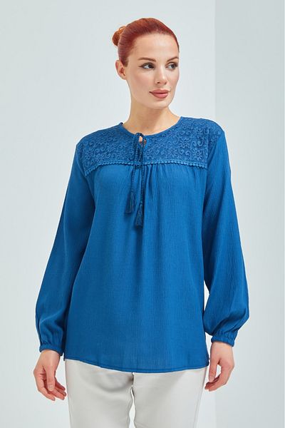 Elçelya Moda Γυναικεία Βαμβακερή χτενισμένη μπλούζα Indigo Blue Sile