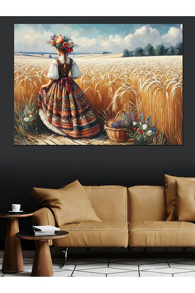 Tablomega Pânză decorativă pentru femei în câmpul de grâu - pictură din lemn MDF