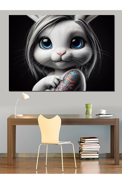 Tablomega Pânză decorativă iepure alb cu tatuaj - masă din lemn MDF