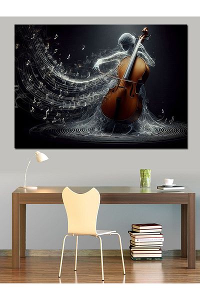 Tablomega Femeie care cântă la violoncel și partituri Canvas Decorative - Lemn MDF