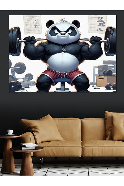 Tablomega Διακοσμητικός καμβάς με θέμα το Weight Lifting Panda Gym - Ξύλινη επιφάνεια MDF