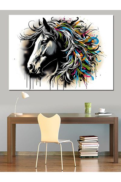 Tablomega Pânză decorativă cu cal cu pene colorate - Lemn MDF