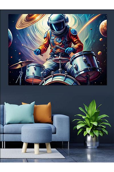 Tablomega Astronaut care toca tobă în spațiu Pânză decorativă - Lemn MDF