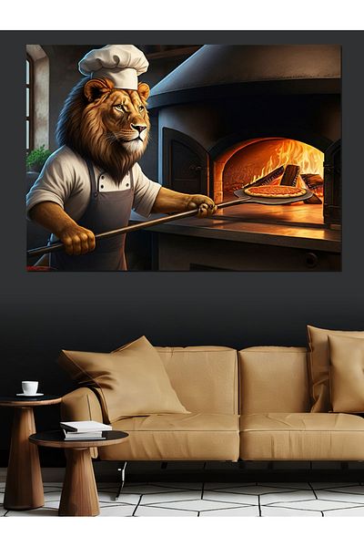 Tablomega Lion Making Lahmacun in the Oven Canvas Decorativ - MDF Lemn Table