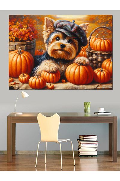 Tablomega Pânză Decorativă Câine cu Dovleac - Lemn MDF