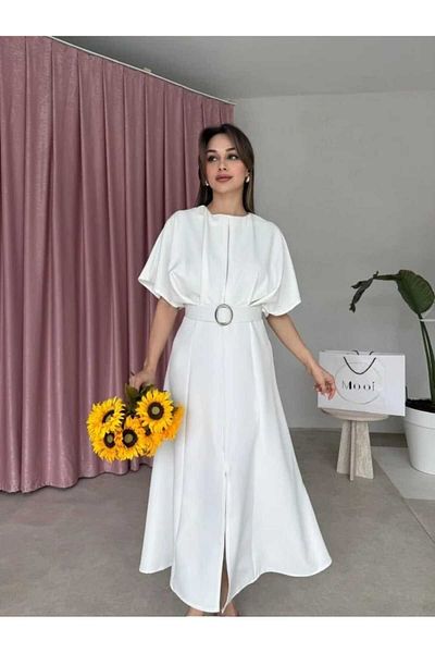 MODA DURAĞI Midi Dress with Calichters - Slit and Belt Detail