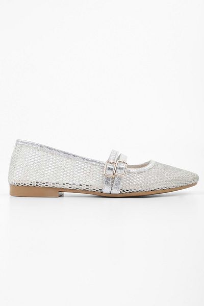 Shoeberry Women's Lume Silver Mesh Detailed Belted Ballerinas