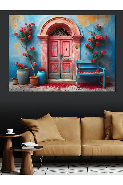 Tablomega Pânză Decorativă Ușă Roșie și Trandafiri - Lemn MDF