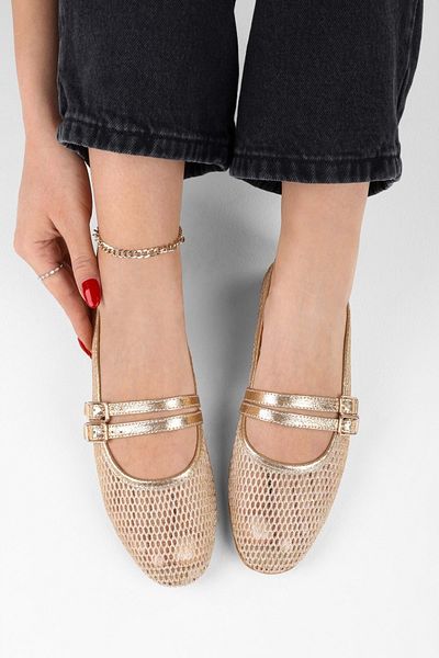Shoeberry Women's Lume Gold Mesh Detailed Belted Ballerinas