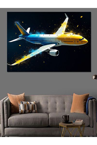 Tablomega Pânză decorativă pentru avion de pasageri cu stea aurie - pictură din lemn MDF