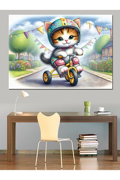 Tablomega Pânză decorativă pisică drăguță pe bicicletă - Lemn MDF
