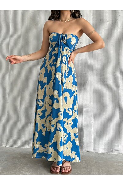 Sunlit Collections Kadın Mavi Bej Desenli Gloplu Sırtı Gipeli Boyundan Bağlama Detaylı Yazlık Elbise