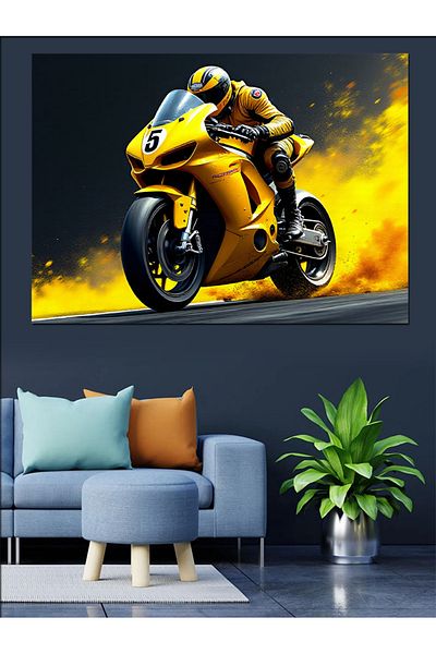 Tablomega Pânză decorativă cu motor de curse galben - pictură din lemn MDF