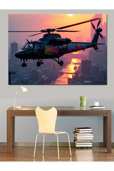 Tablomega Elicopter pe pânză decorativă la apus - pictură din lemn MDF