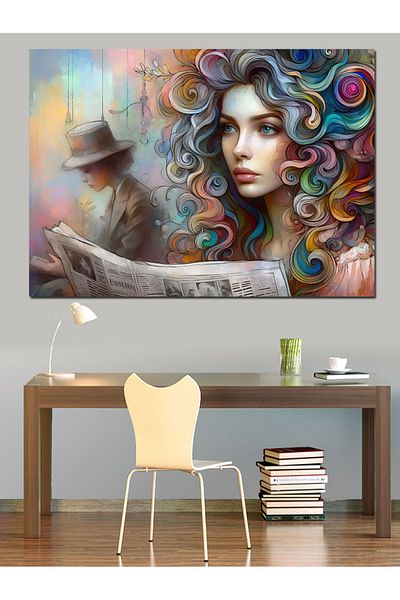 Tablomega Femeie cu păr colorat care citeste ziare Pânză decorativă - Lemn MDF