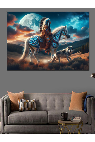 ekart Kızılderili Adam  Desenli At Ve Kurt Dekoratif Kanvas - Mdf Ahşap Tablo