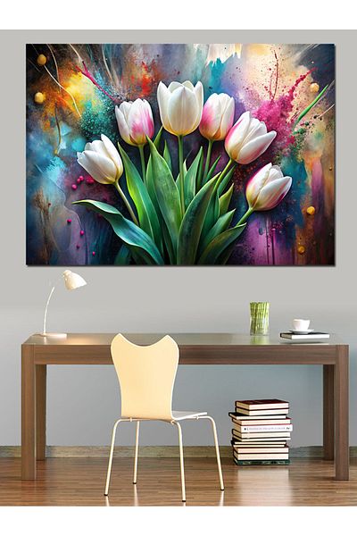 Tablomega Lalele albe Pânză decorativă - Lemn MDF