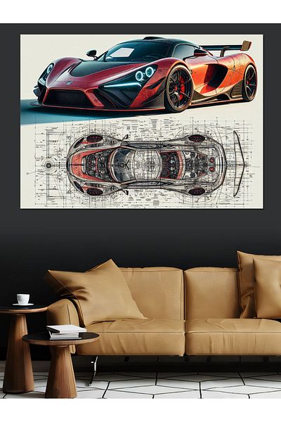 Tablomega Pânză Decorativă Ilustrație Mașină Sport Roșie - Lemn MDF