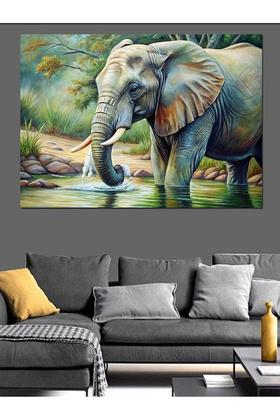 Tablomega Elefant care băută apă Pânză decorativă - Lemn MDF
