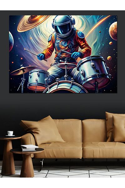 Tablomega Astronaut care toca tobă în spațiu Pânză decorativă - Lemn MDF