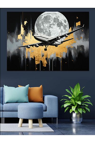 Tablomega Canvas Decorativ Avion Sub Lună - Lemn MDF