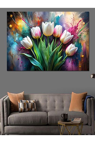 Tablomega Lalele albe Pânză decorativă - Lemn MDF