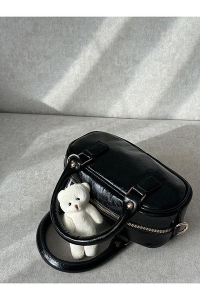 RumyaCollection Women's Bonnie Plush Keychain Gift Hand and Shoulder Bag Black