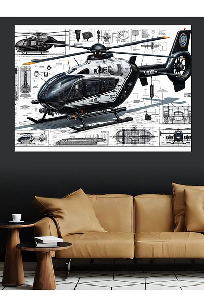 Tablomega Elicopter Tehnic Desen Canvas Decorativ - MDF Lemn